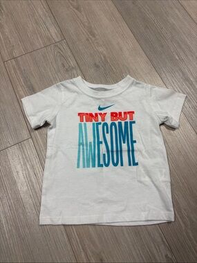 Nike White Tee with Red and Teal 'Tiny But Awesome' Graphic